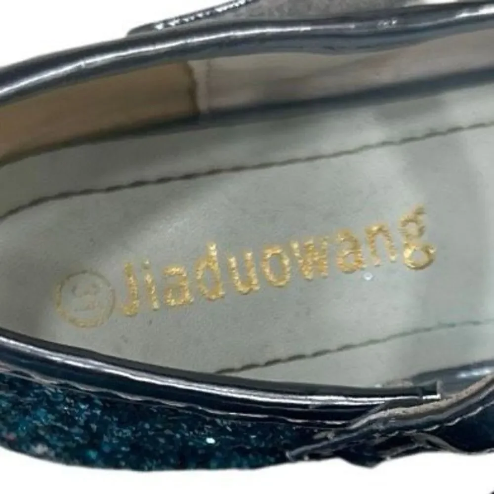 NWOT Jiadowang Dance Shoes Girls Size 31 Blue Glittered Crystal Flower Accent
